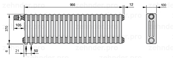 Схема (чертеж) Радиатор Zehnder Charleston 3037/21 №V001 Белый глянцевый RAL 9016